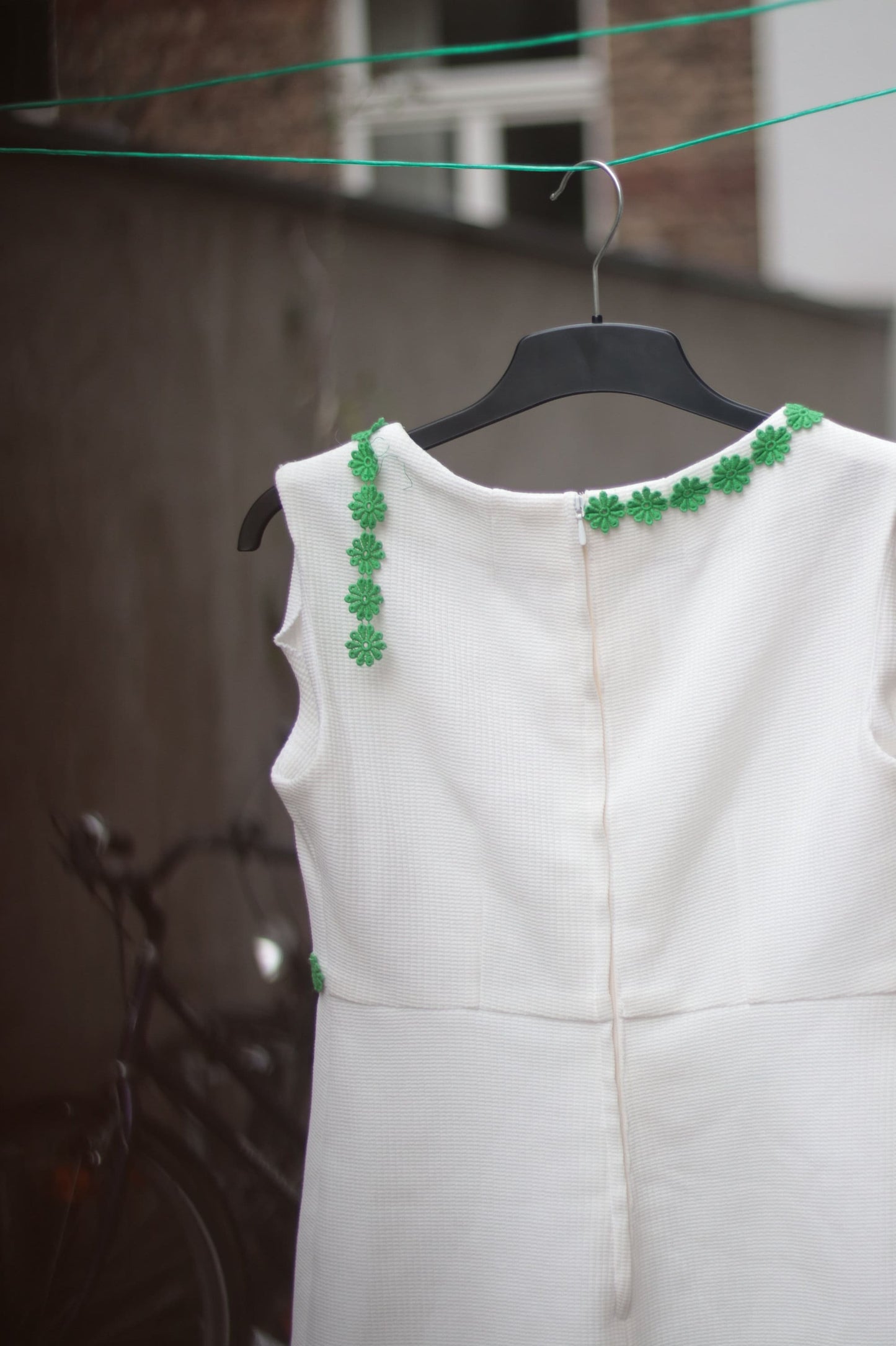 Vintage Handmade White A Line Sleeveless Dress with Green Floral Details Size Small