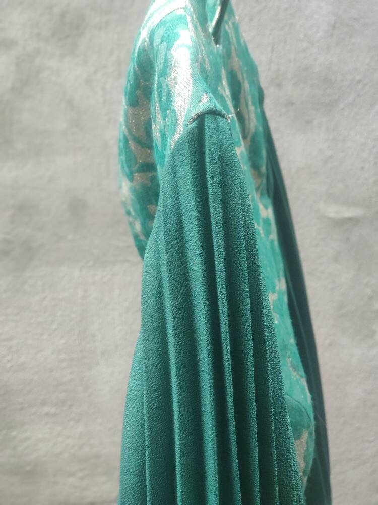 70s Festive Dress | Vintage Green Dress With Floral Overlay and Pleated Arms