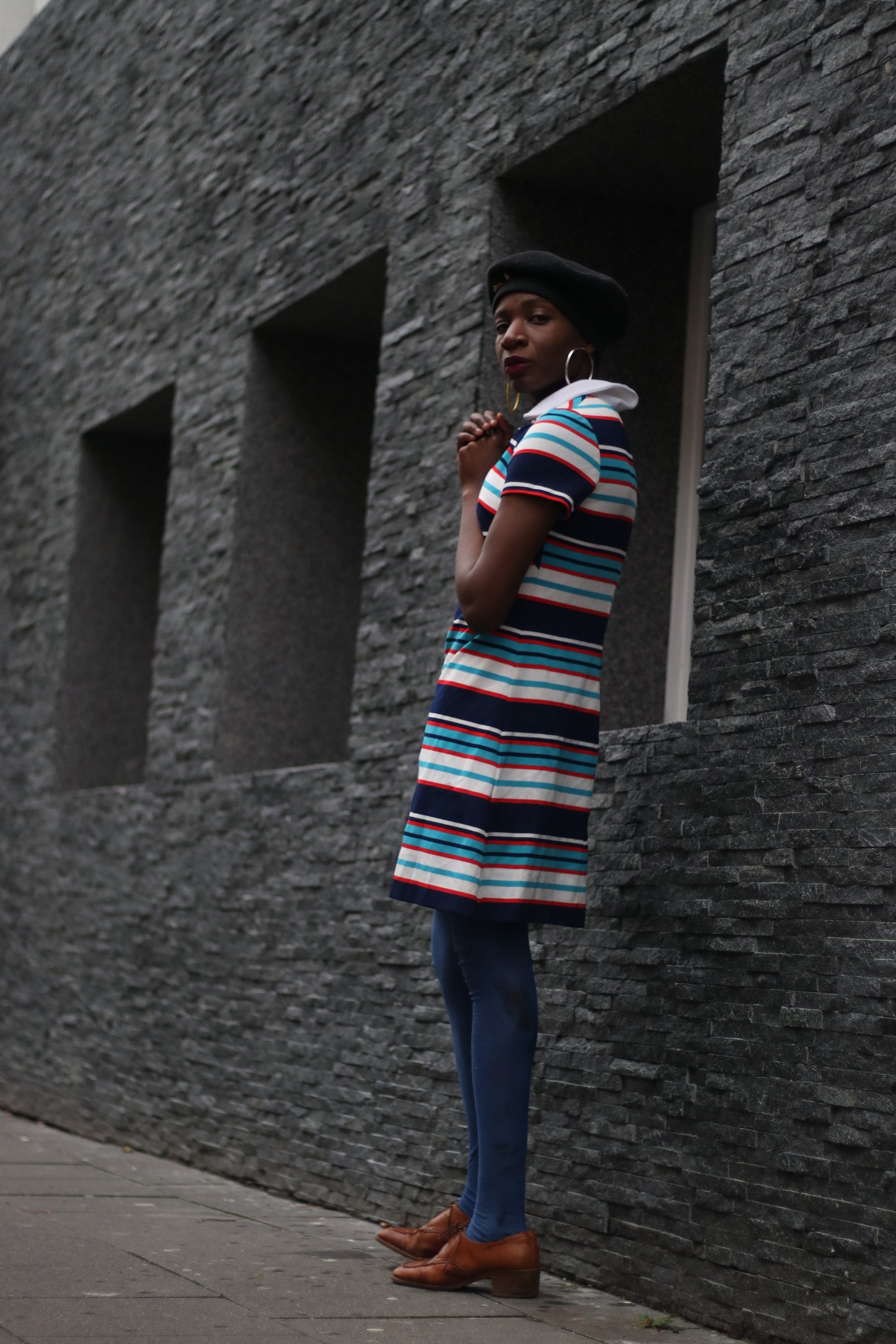 70s Handmade striped dress with statement collar | Vintage Mini Dress with statement stripes
