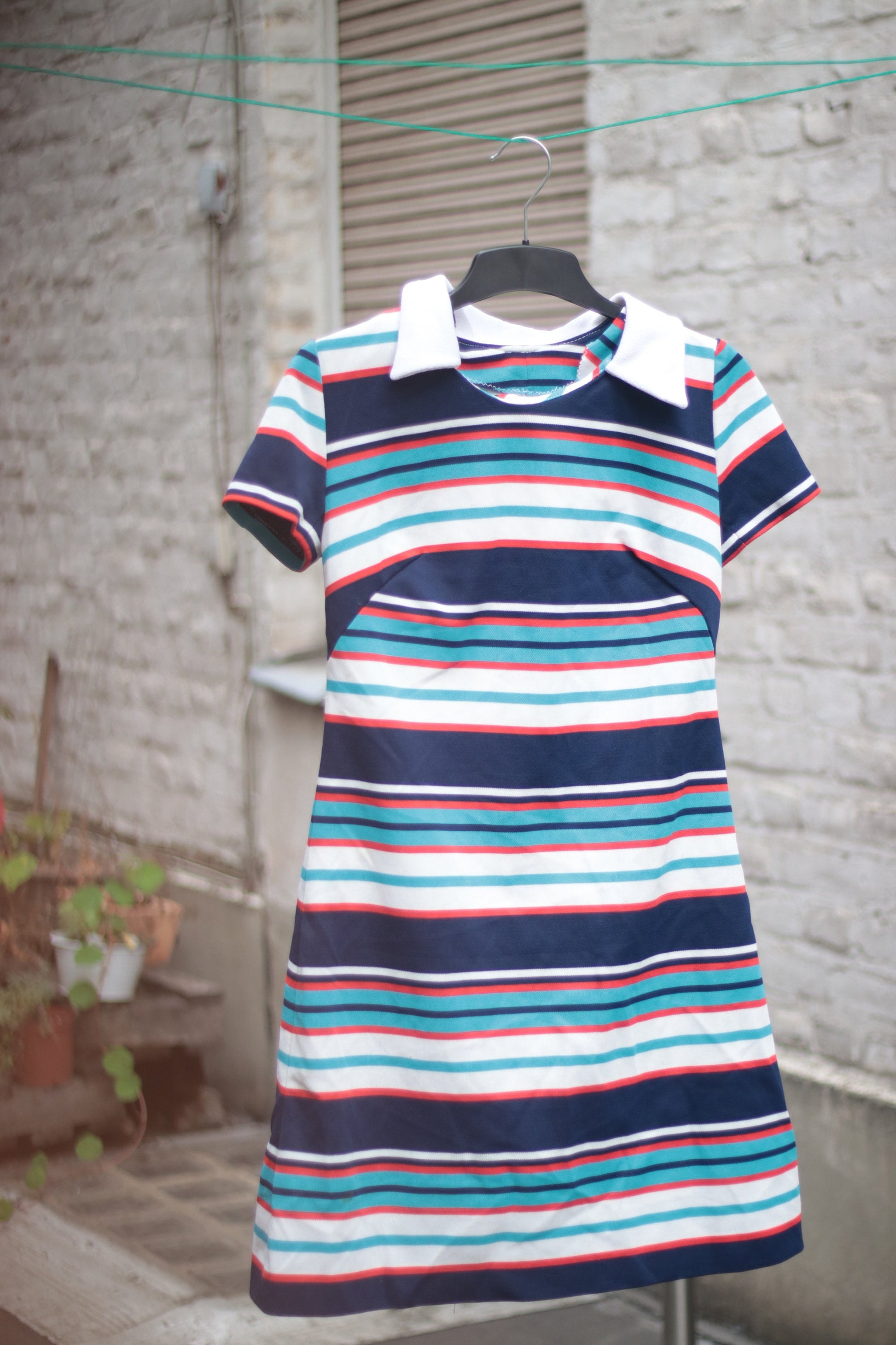 70s Handmade striped dress with statement collar | Vintage Mini Dress with statement stripes
