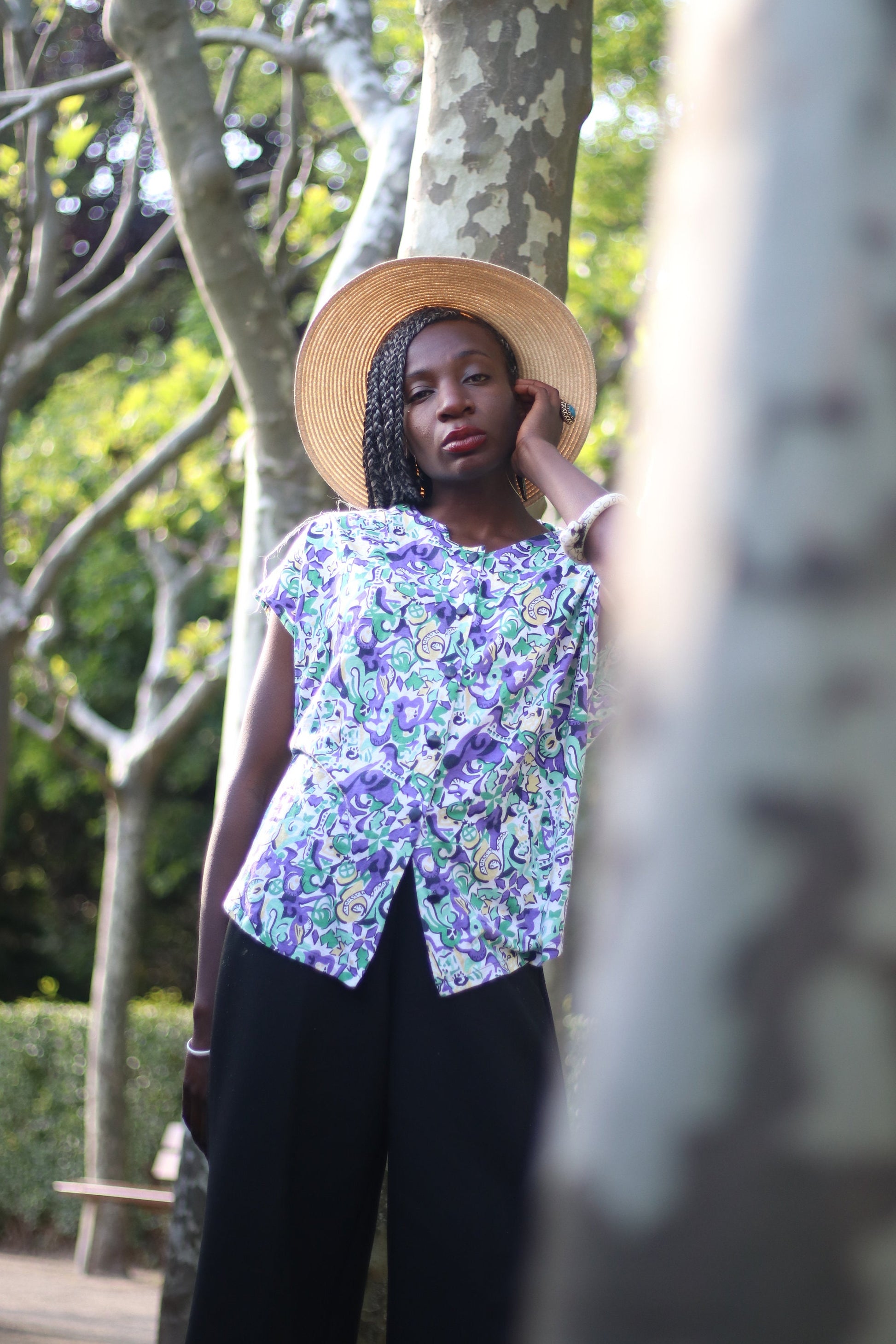 Vintage floral half-sleeved top with Shoulder Pads Made in West Germany