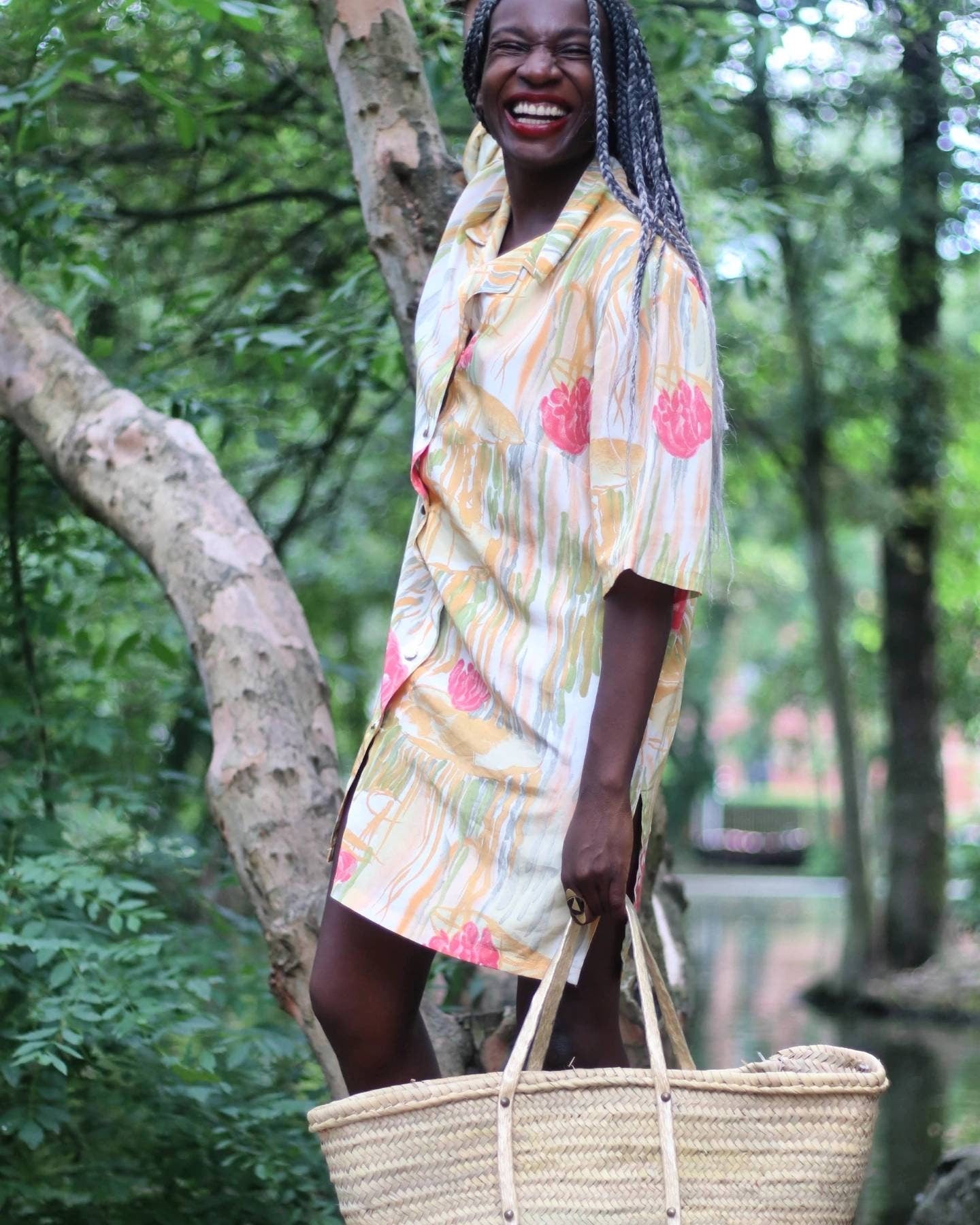 90s oversized floral print Blouse or mini dress| Abstract print tunic| Summer hipster yellow and red shirt