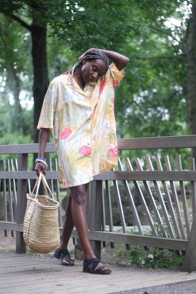 90s oversized floral print Blouse or mini dress| Abstract print tunic| Summer hipster yellow and red shirt