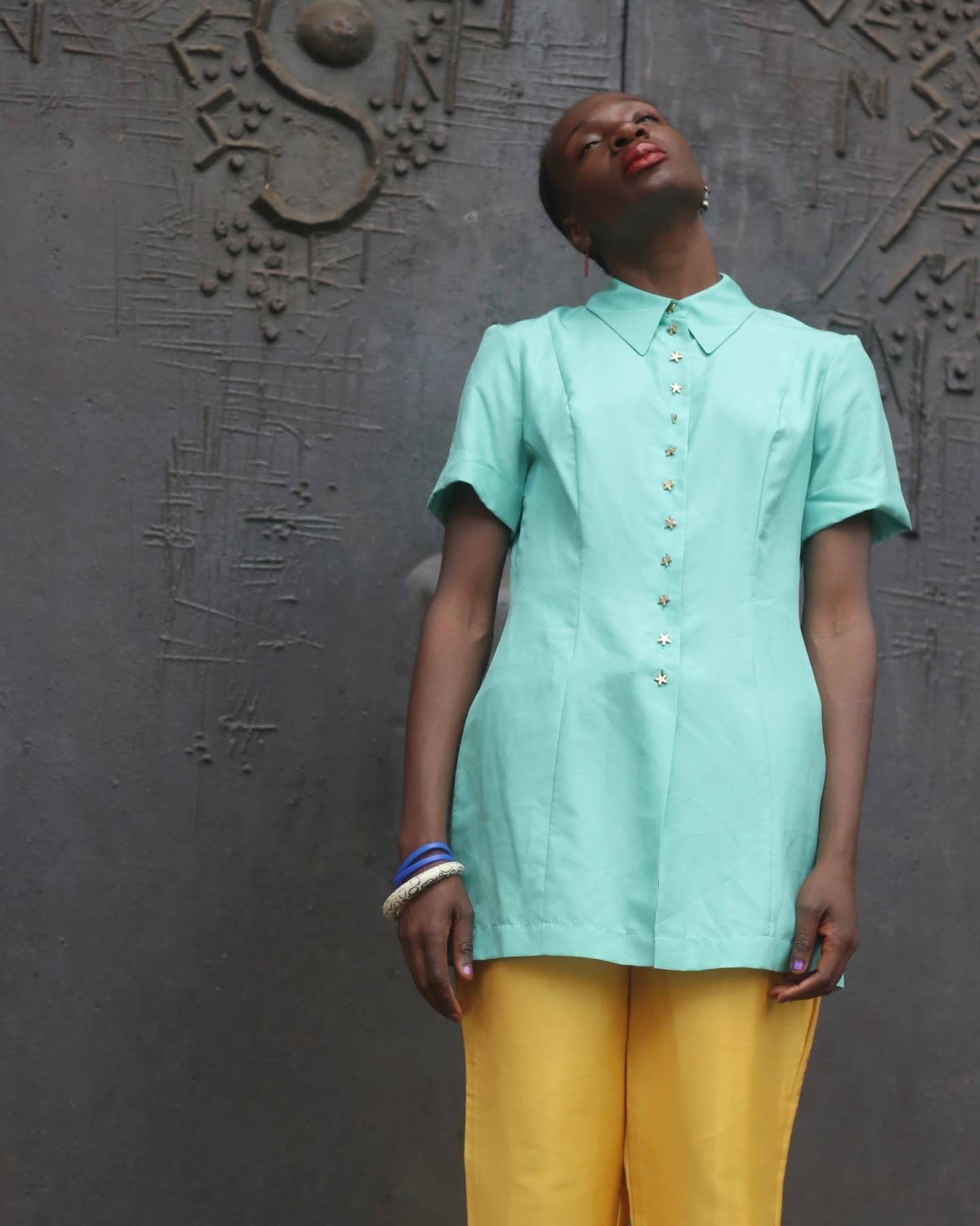 90s Laurel Silk Tunic | Vintage Torqouise Blouse with Statement Buttons | Elegant buttoned down design