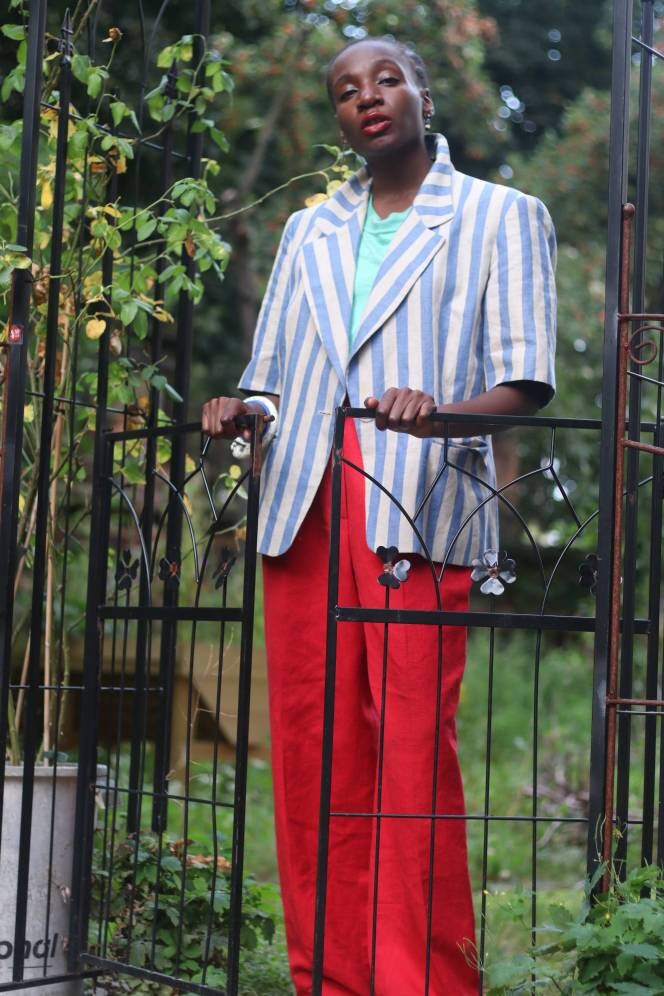 Marella 90s Linen Striped Blazer| Vintage Blazer with Short Sleeves in Blue and White | Breton Striped outerwear