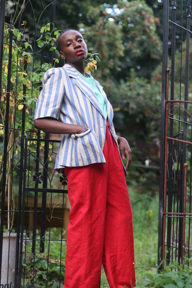 Marella 90s Linen Striped Blazer| Vintage Blazer with Short Sleeves in Blue and White | Breton Striped outerwear