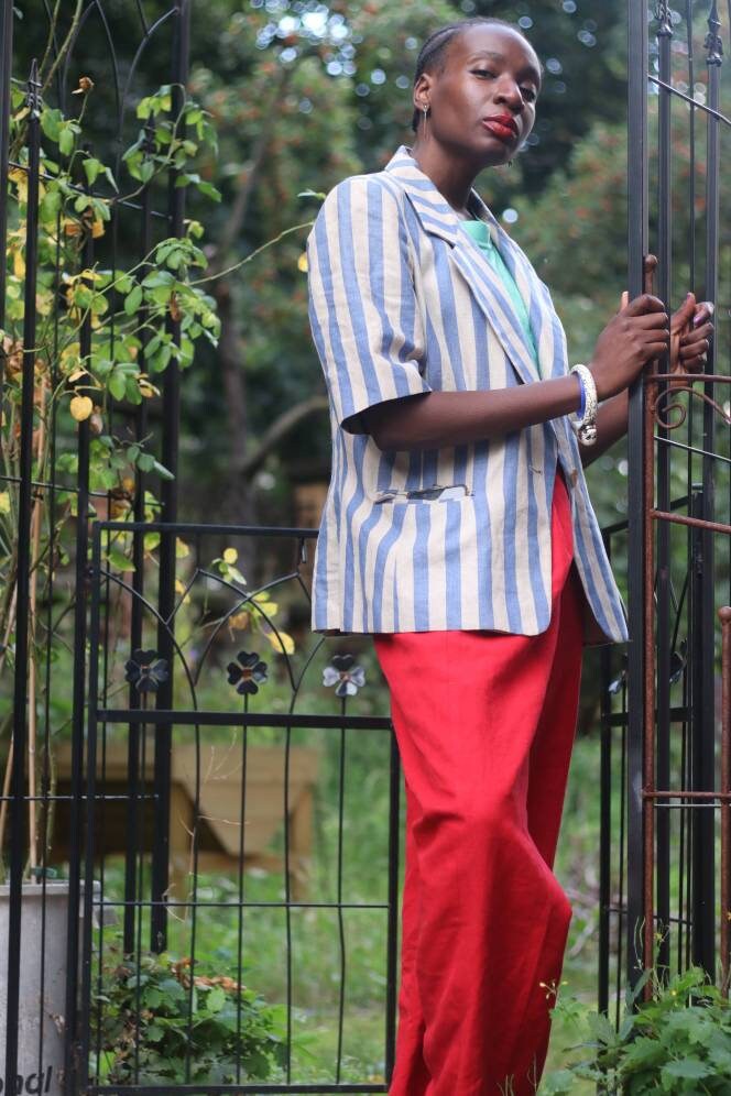 Marella 90s Linen Striped Blazer| Vintage Blazer with Short Sleeves in Blue and White | Breton Striped outerwear