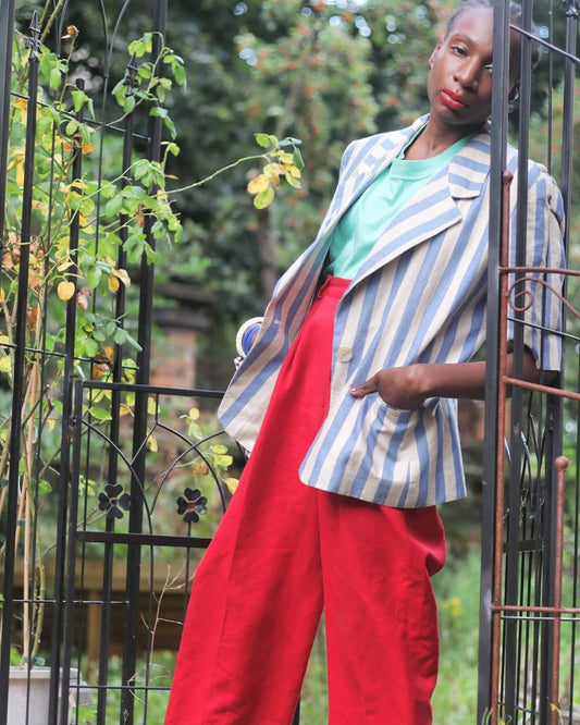 Marella 90s Linen Striped Blazer| Vintage Blazer with Short Sleeves in Blue and White | Breton Striped outerwear