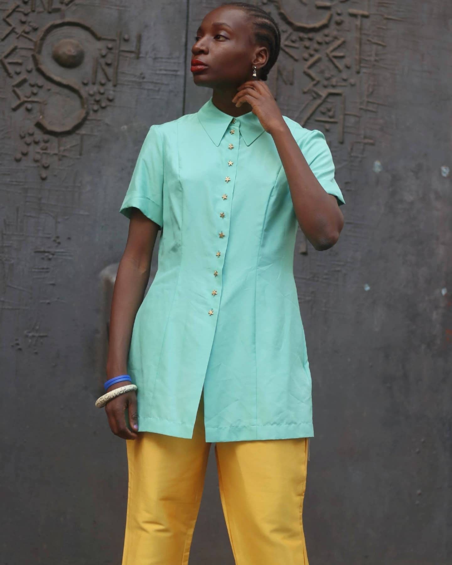 90s Laurel Silk Tunic | Vintage Torqouise Blouse with Statement Buttons | Elegant buttoned down design