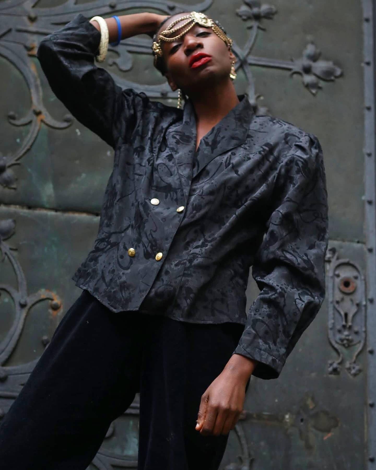 80s New Fast Opulent Blouse | Vintage black Long-Sleeved Ornate Design