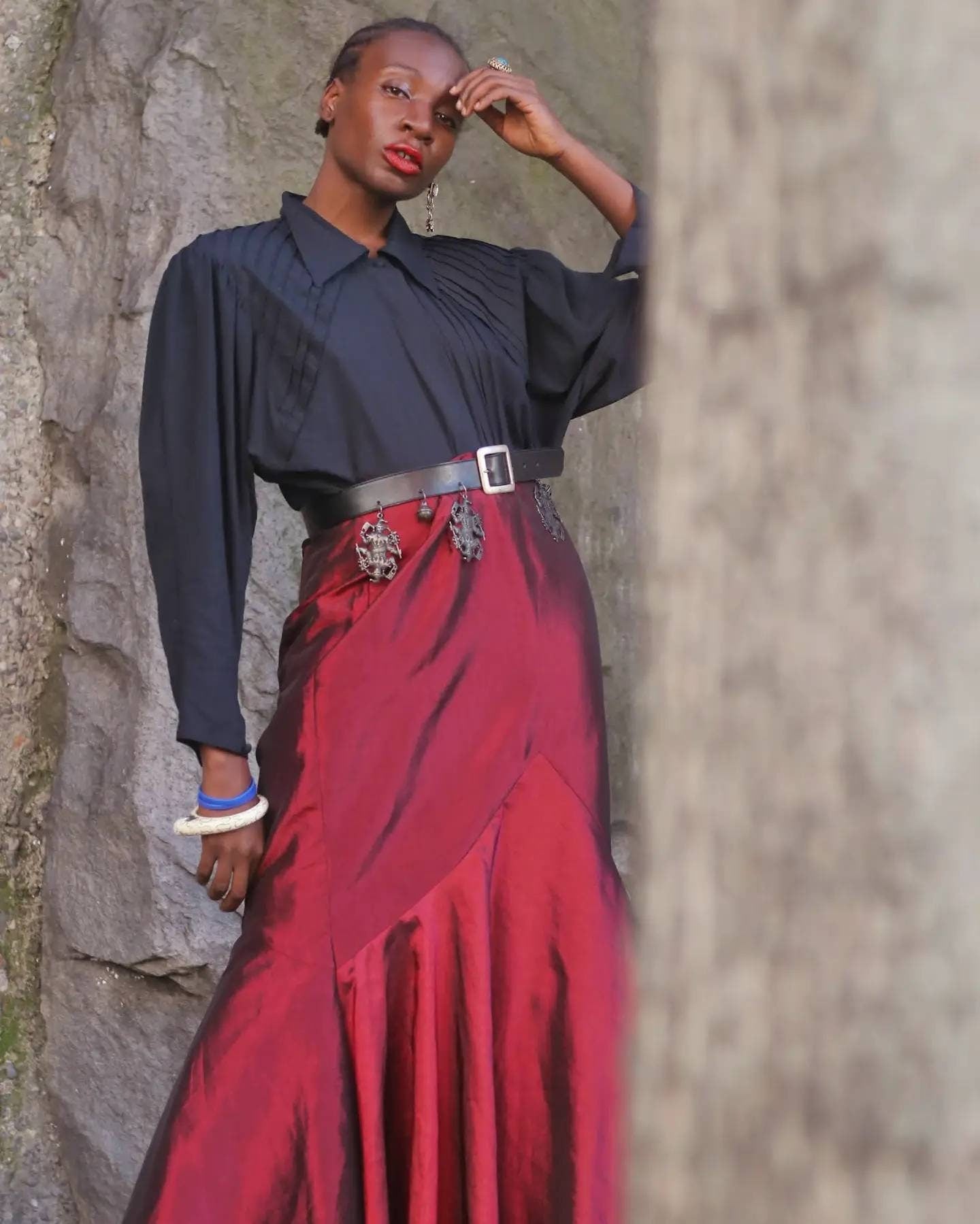 90s maxi skirt with tulle| Vintage opulent peplum design after dark glamour