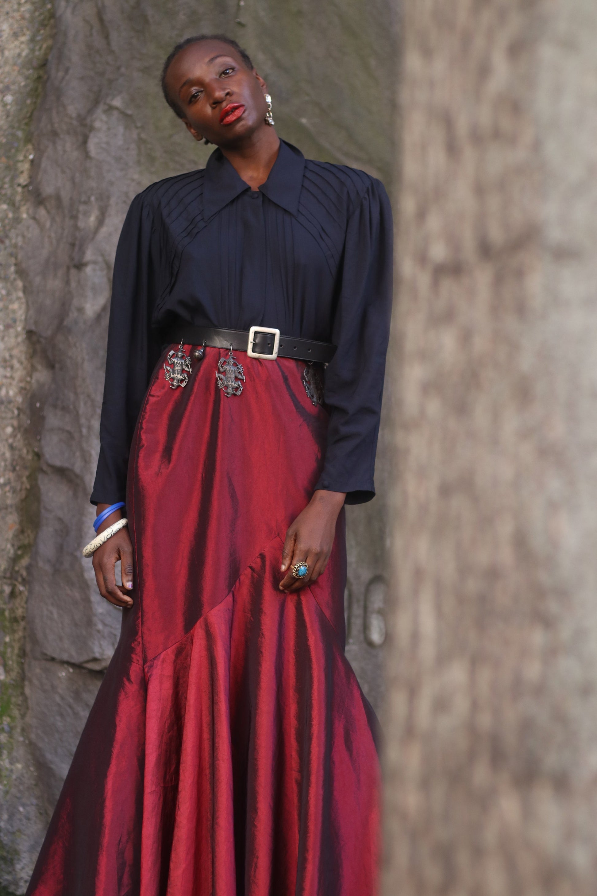 90s maxi skirt with tulle| Vintage opulent peplum design after dark glamour