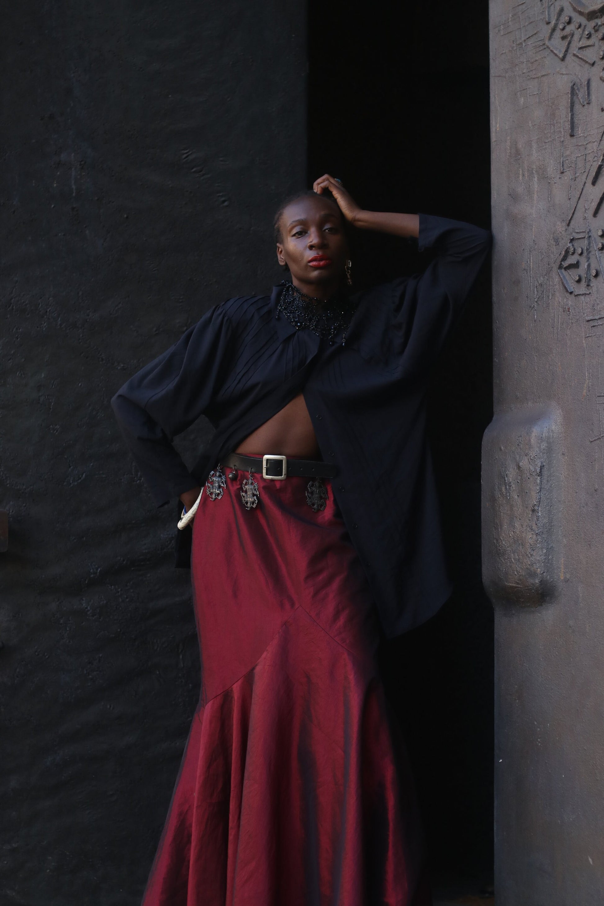 90s maxi skirt with tulle| Vintage opulent peplum design after dark glamour