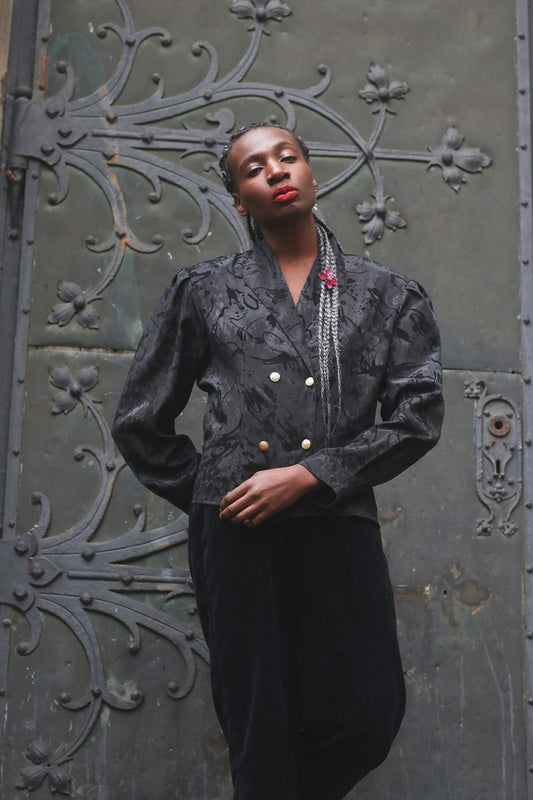 80s New Fast Opulent Blouse | Vintage black Long-Sleeved Ornate Design