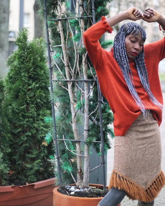 Handmade Skirt with Tassels| Vintage brown mini skirt wool blend mix