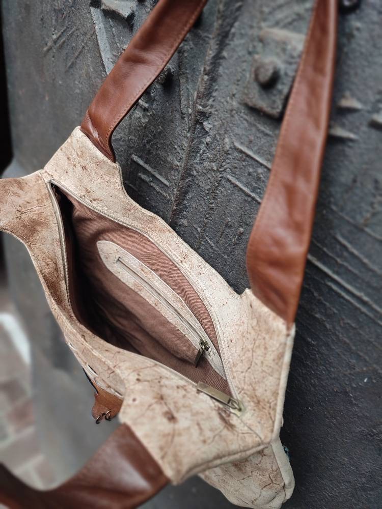 70s handmade leather bag| Vintage Leather Bag in Brown with statement suede patchwork details