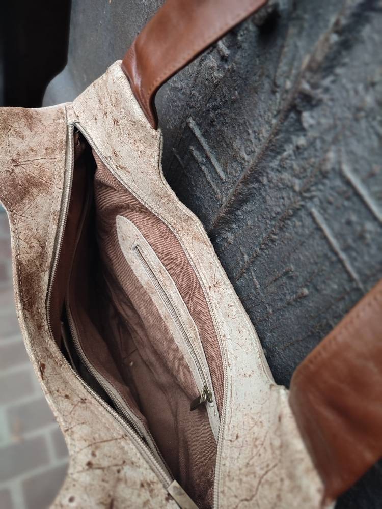 70s handmade leather bag| Vintage Leather Bag in Brown with statement suede patchwork details