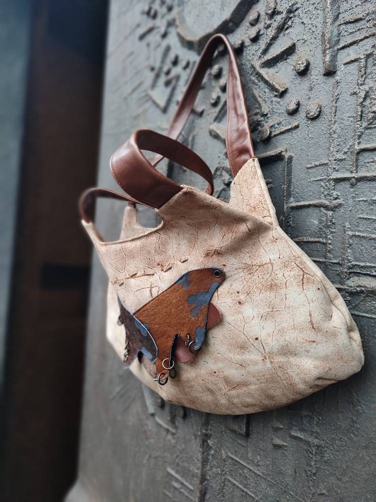 70s handmade leather bag| Vintage Leather Bag in Brown with statement suede patchwork details