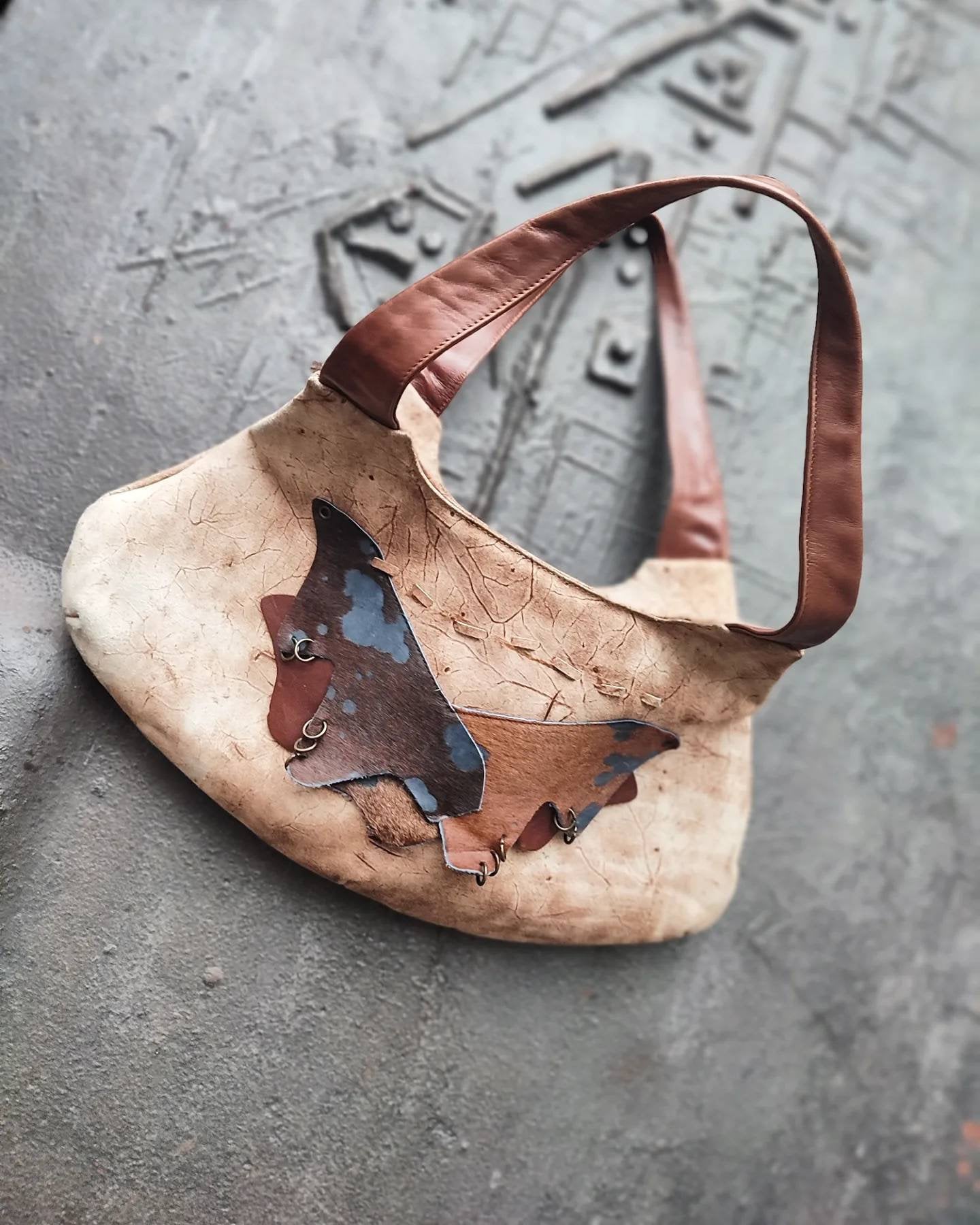 70s handmade leather bag| Vintage Leather Bag in Brown with statement suede patchwork details