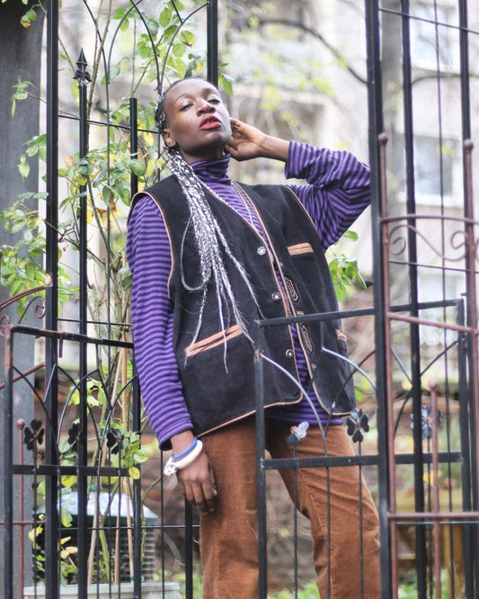 Vintage leather mix country chic vest | ke'ra ethno chic bohemian vest with abstract print