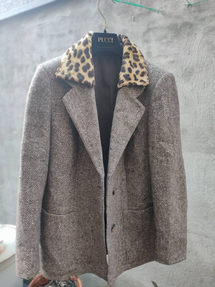 70s handmade blazer with animal print collar| Vintage tailored leopard detailed coat design