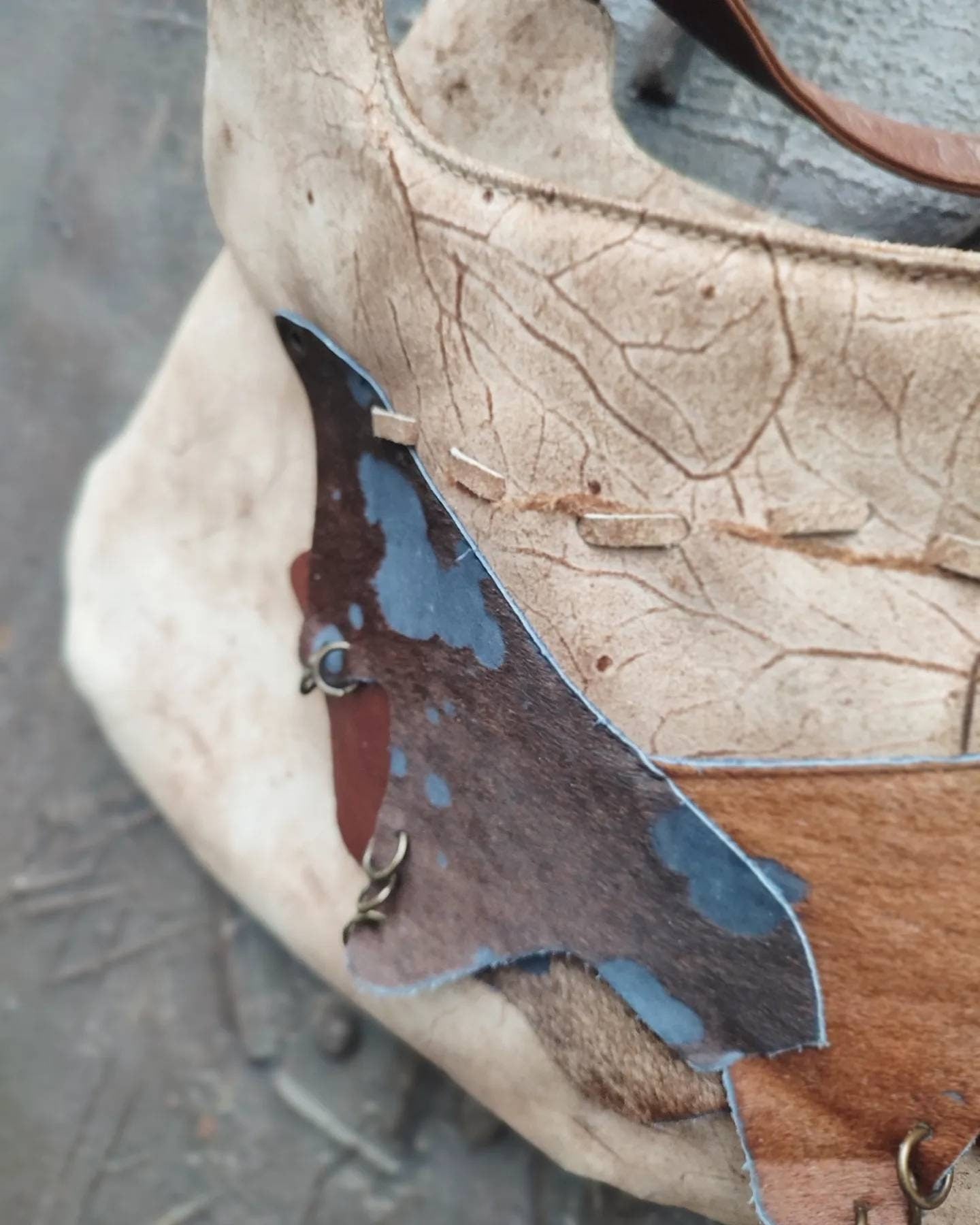 70s handmade leather bag| Vintage Leather Bag in Brown with statement suede patchwork details