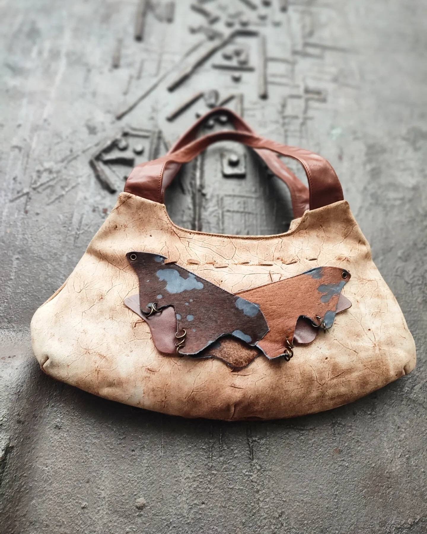 70s handmade leather bag| Vintage Leather Bag in Brown with statement suede patchwork details