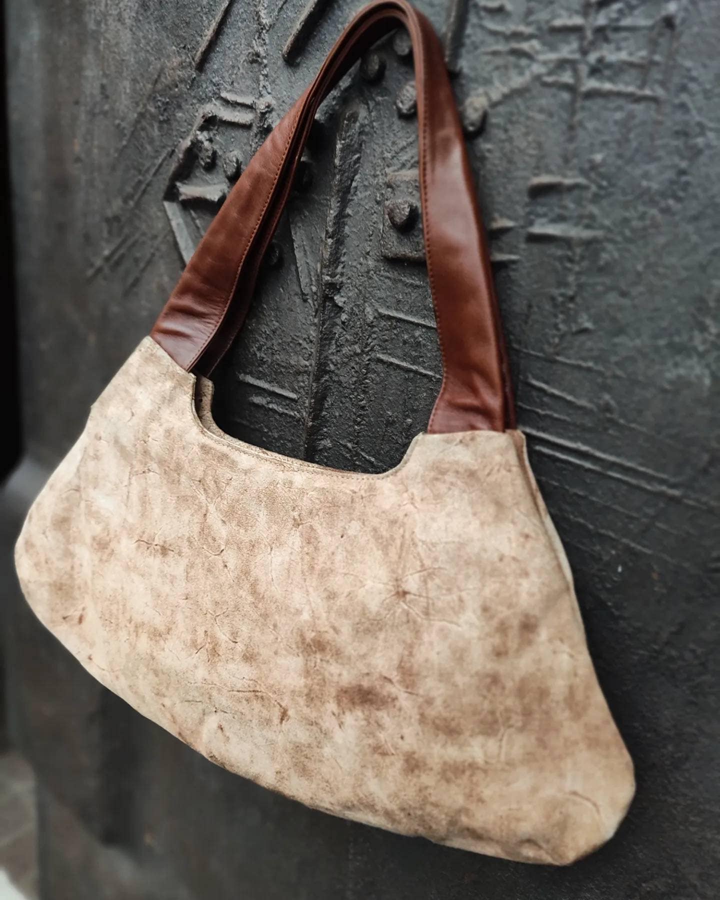 70s handmade leather bag| Vintage Leather Bag in Brown with statement suede patchwork details