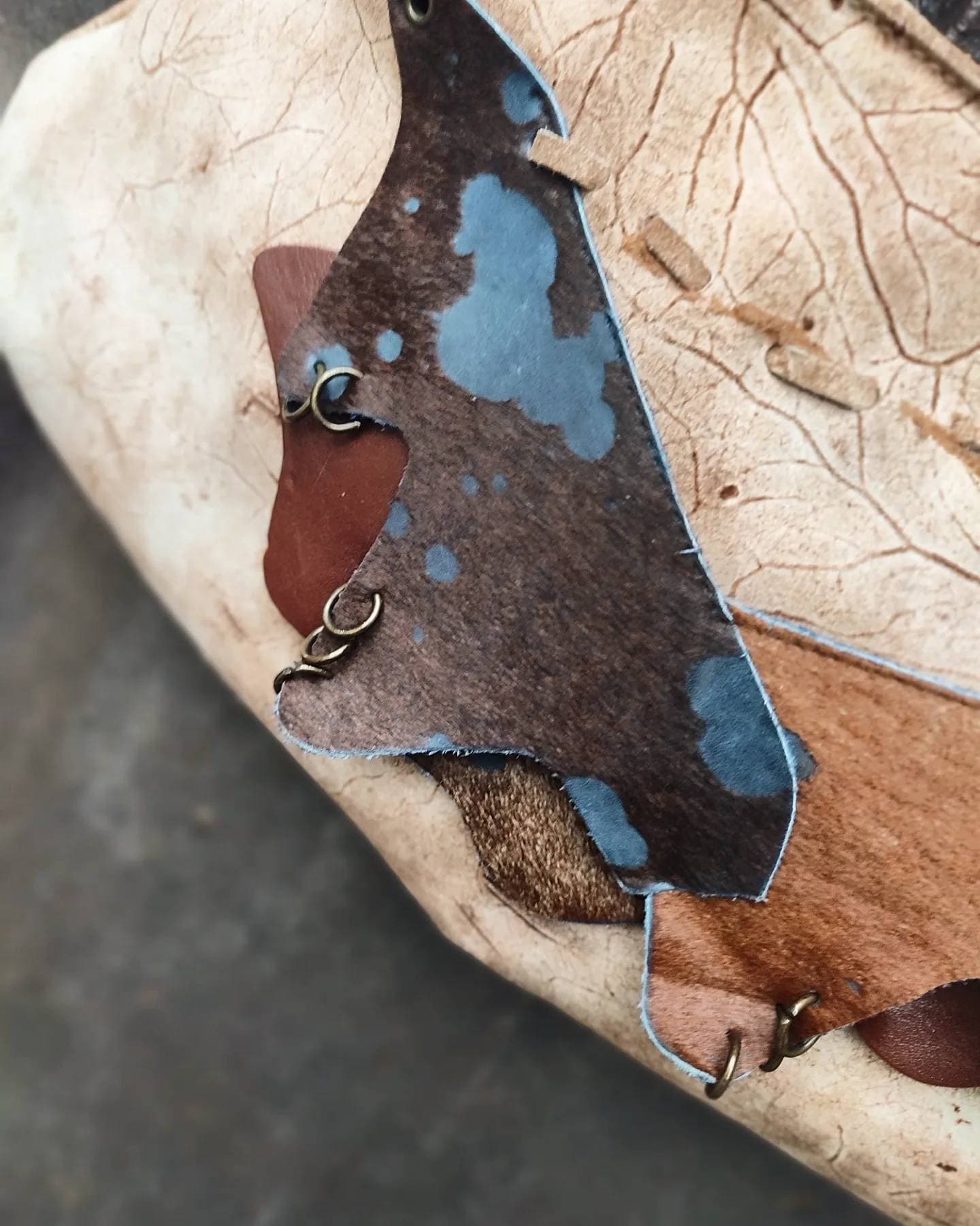 70s handmade leather bag| Vintage Leather Bag in Brown with statement suede patchwork details