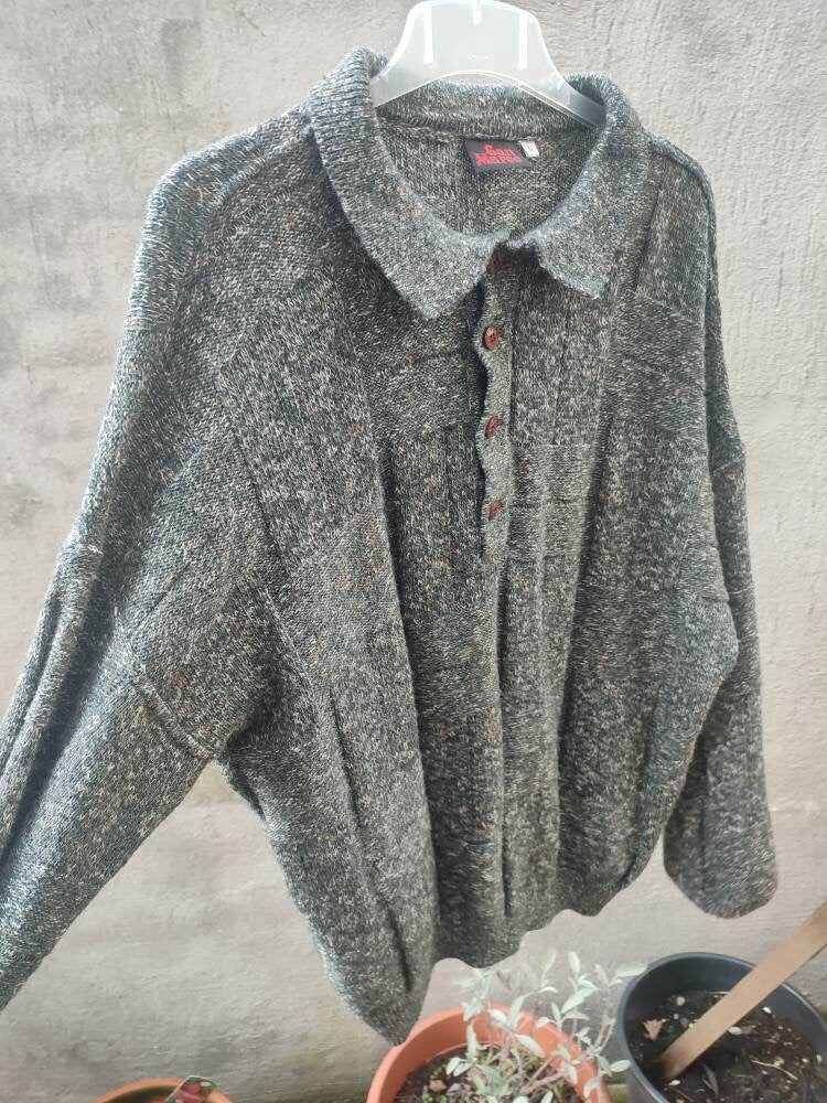 90s San Mateo Knitted Sweater / Vintage Unisex Grey Jumper / Minimalist Collared Sweater / Outdoor / Pullover Sweatshirt