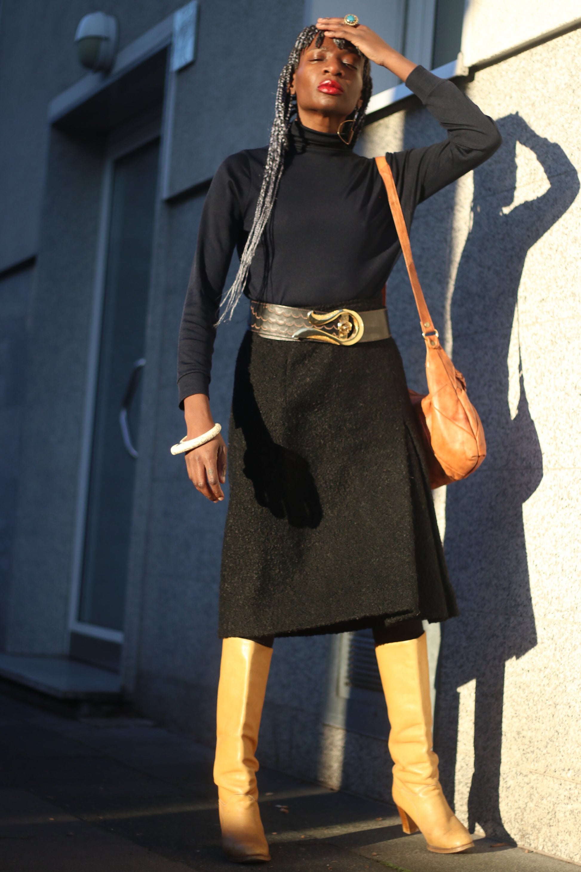 Vintage black textured Skirt Ladylike Chic Knee length skirt