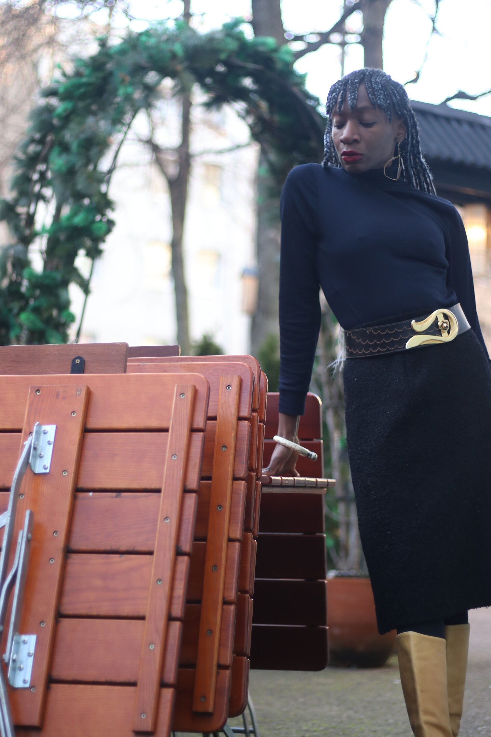 Vintage black textured Skirt Ladylike Chic Knee length skirt
