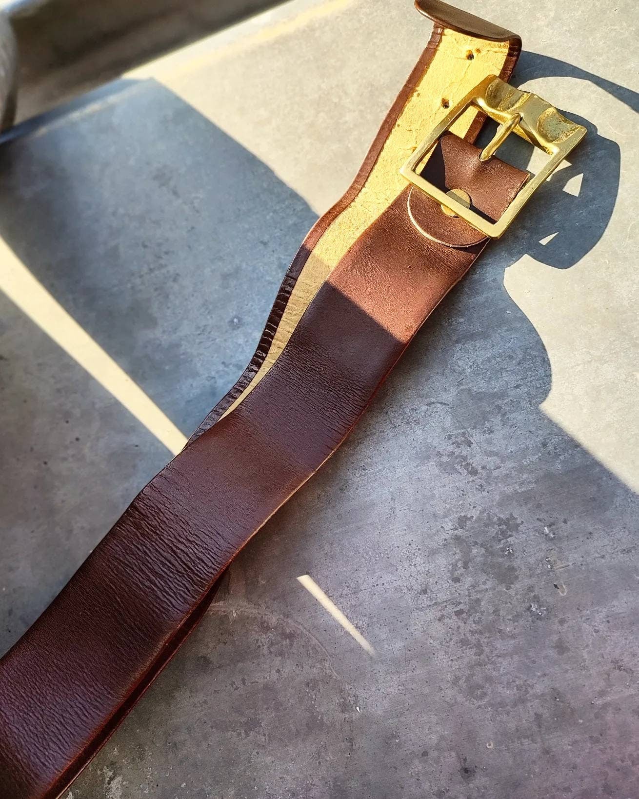 90s Leather Belt with Statement Gold Colored Buckle| Classic Vintage brown belt