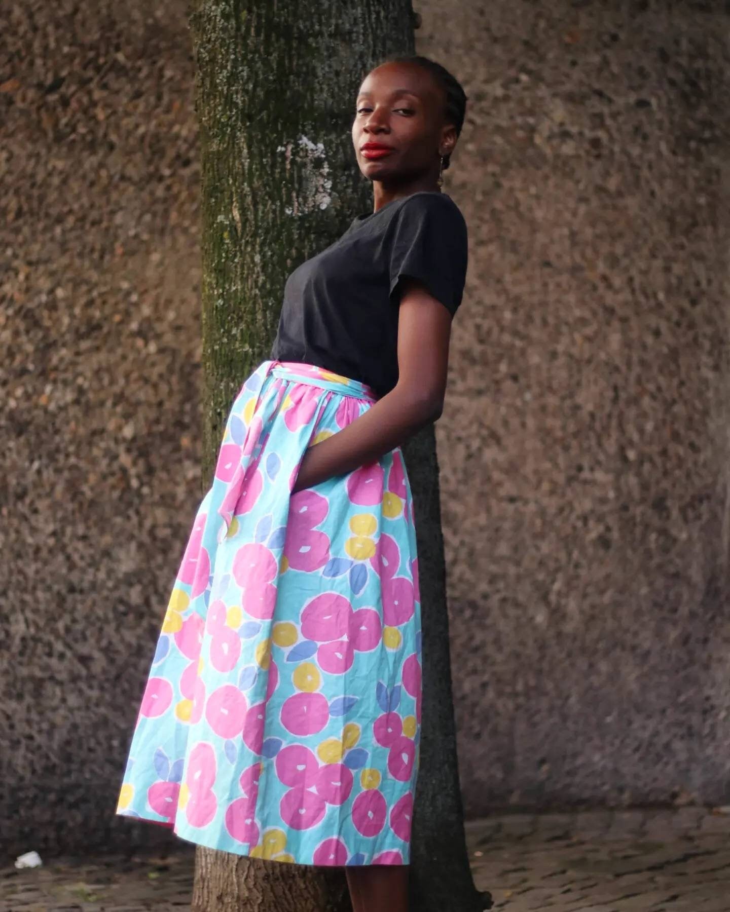 70s floral print Summer Skirt | Pierle Brussels Skirt Made in France| Vintage bold light blue skirt with pink patterns tie.
