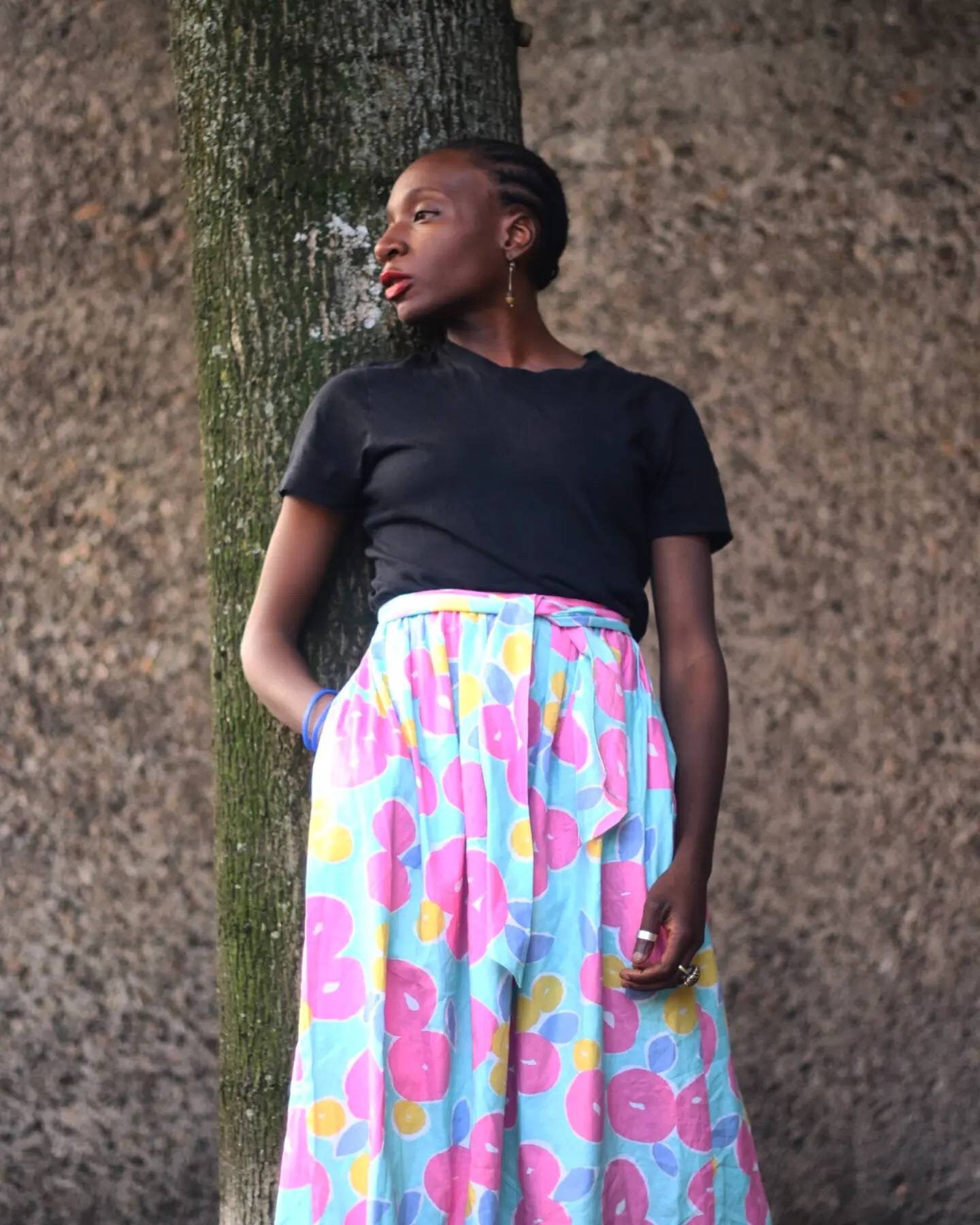 70s floral print Summer Skirt | Pierle Brussels Skirt Made in France| Vintage bold light blue skirt with pink patterns tie.
