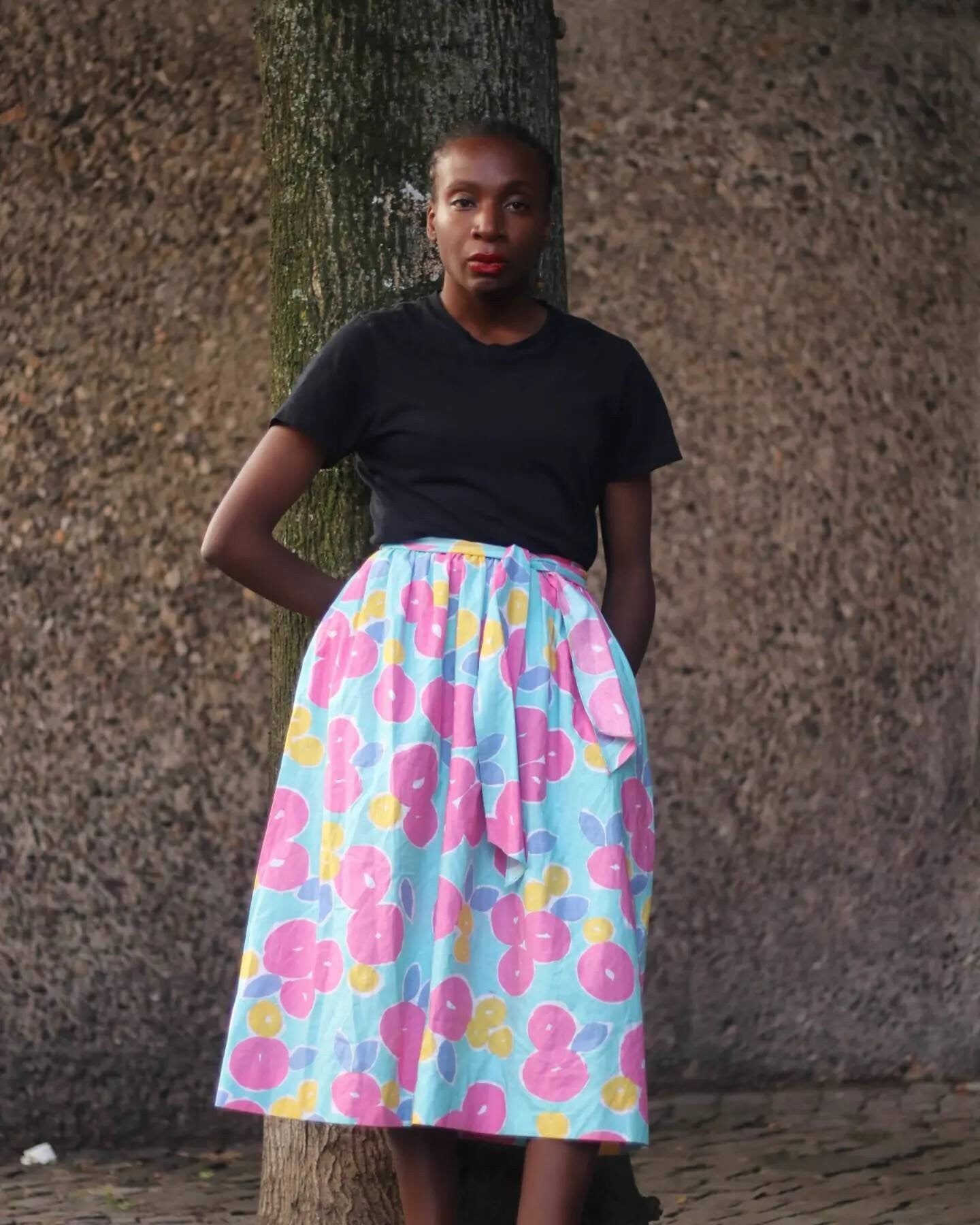 70s floral print Summer Skirt | Pierle Brussels Skirt Made in France| Vintage bold light blue skirt with pink patterns tie.