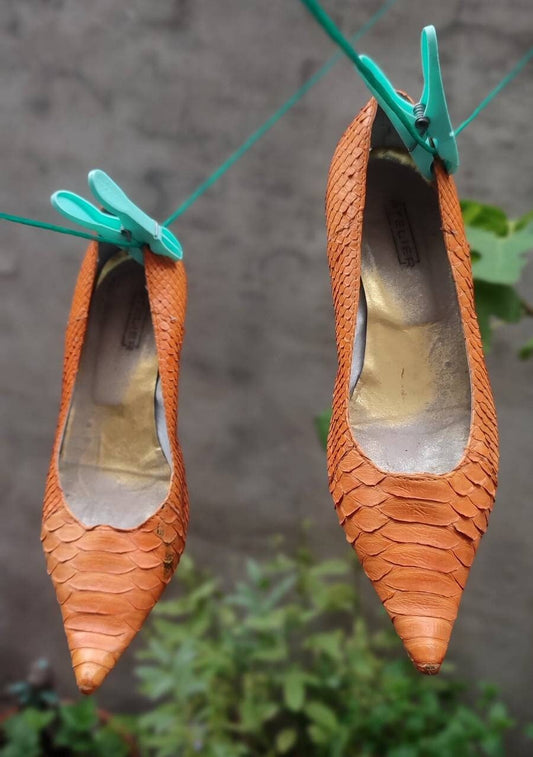 Vintage Pointed-toe heels| Bold orange leather flats made in Italy
