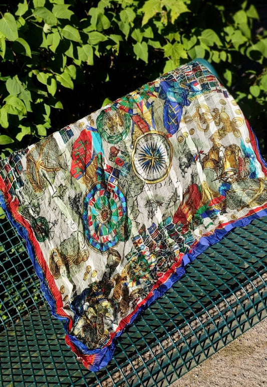 80s Maximalist Scarf| Vintage lightweight bold scarf with marine inspired imagery| Maximalist acessory