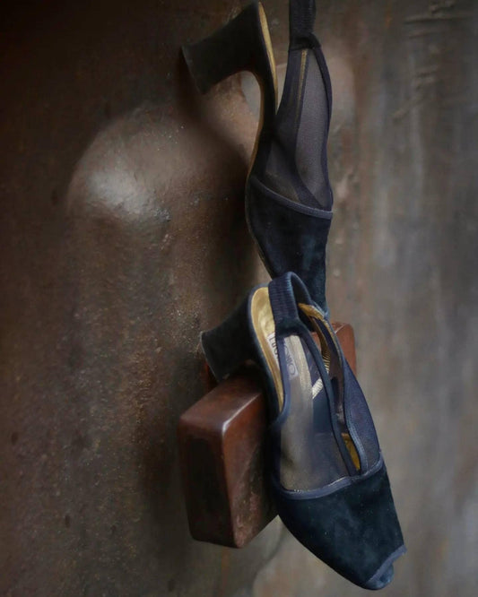 80s Antonio Lugani Black Heels| Vintage slingbacks with sheer details