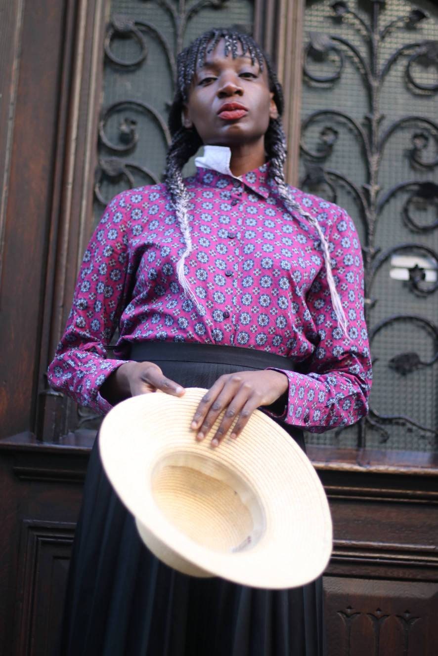 Vintage Bold Print Shirt| 80s Purple Blouse with circular print