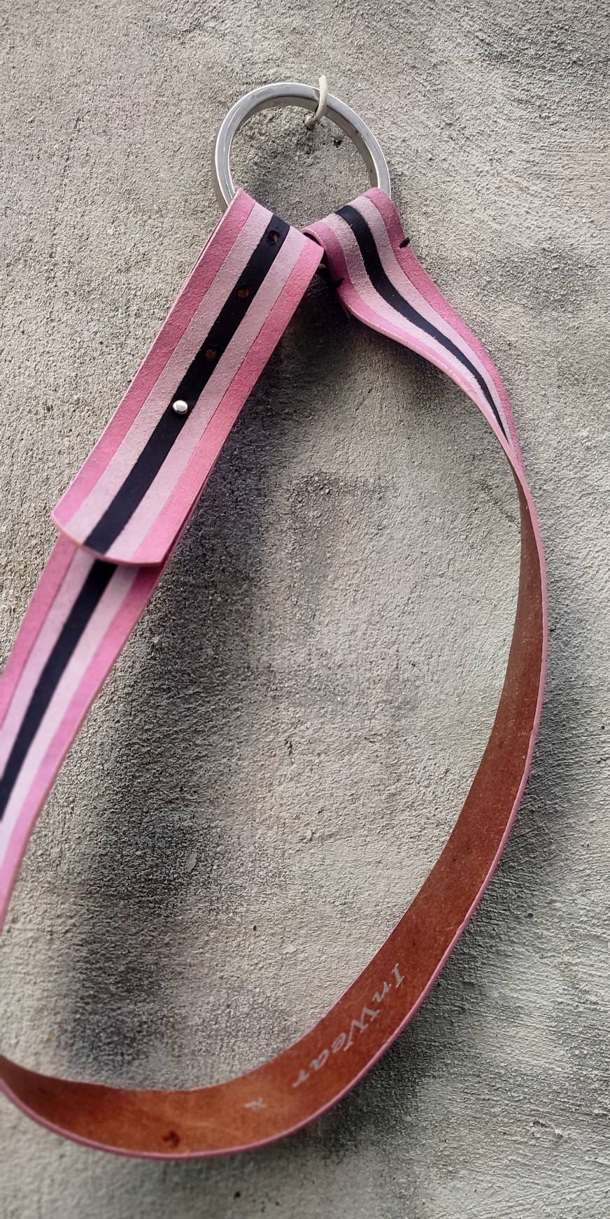 90s InWear Statement Striped Belt| Vintage Leather belt with circular buckle