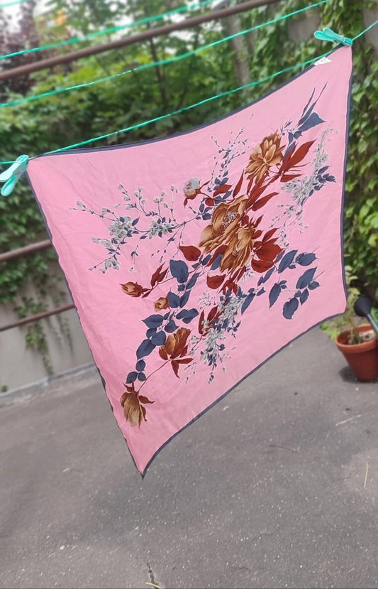 Vintage pink floral print silk scarf| 80s statement scarf