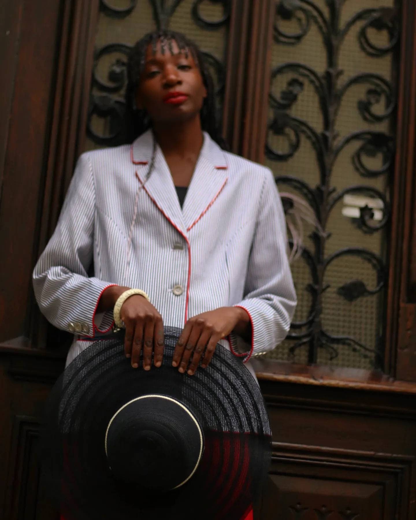E E elegance Striped Blazer | Vintage 90s Breton inspired blazer with red details | Blue and White Preppy tailored blazer