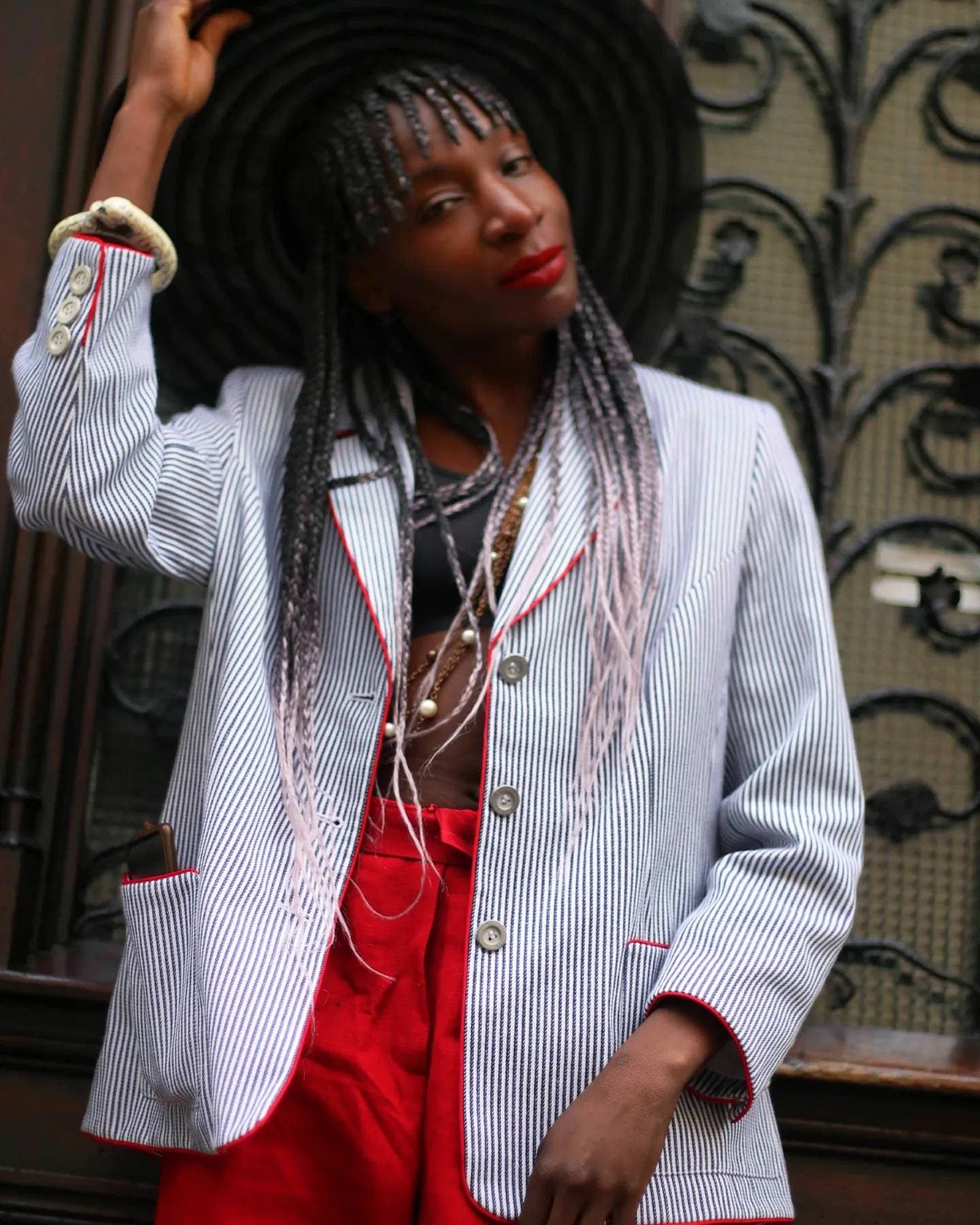 E E elegance Striped Blazer | Vintage 90s Breton inspired blazer with red details | Blue and White Preppy tailored blazer