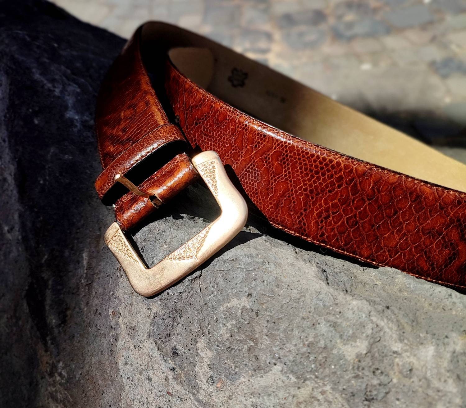 Vintage Leather Belt with statement gold-colored buckle| Made in Italy oversized waist belt
