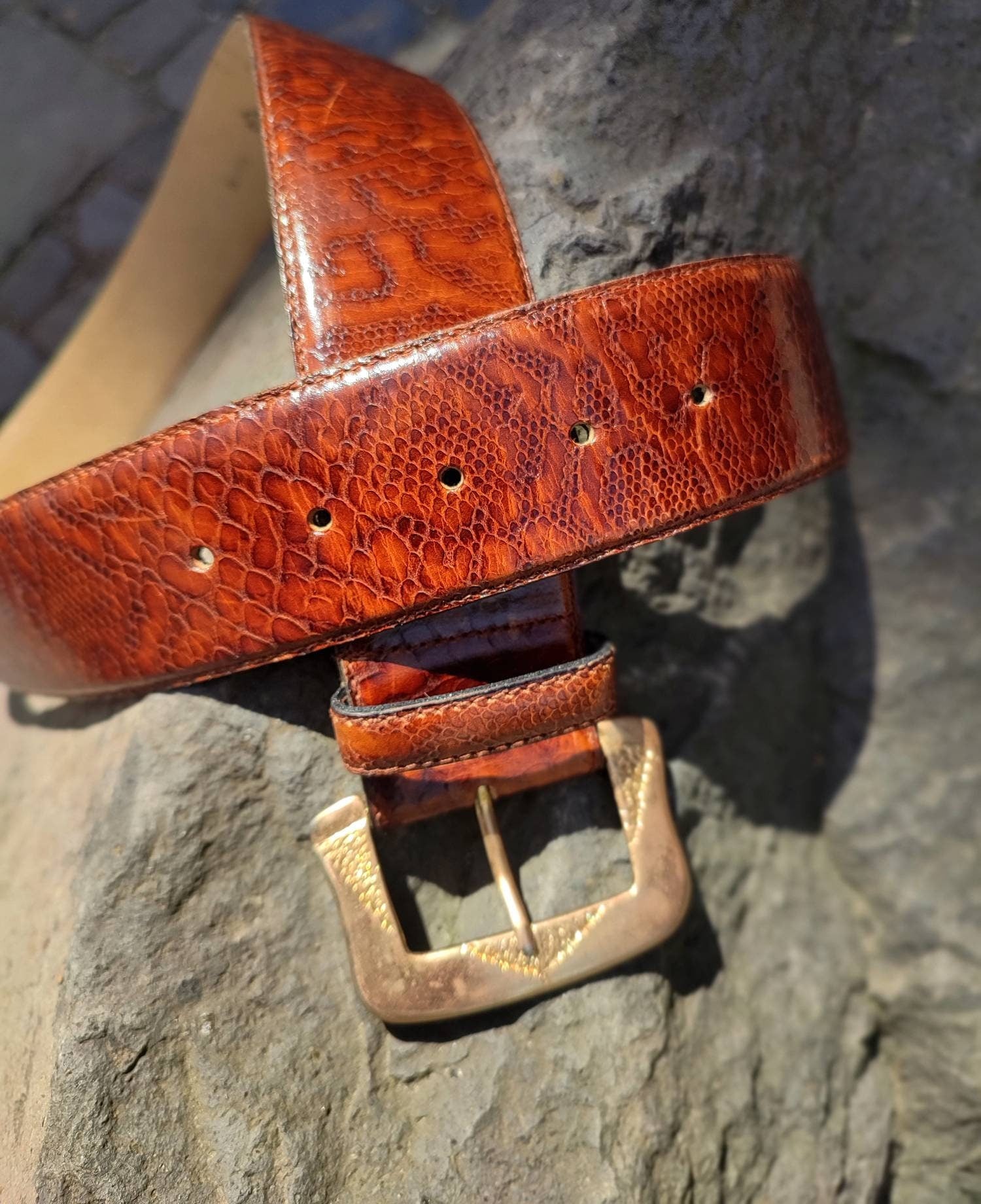 Vintage Leather Belt with statement gold-colored buckle| Made in Italy oversized waist belt
