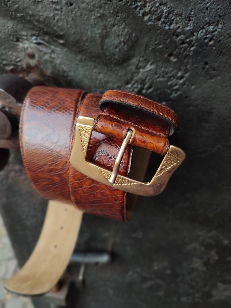 Vintage Leather Belt with statement gold-colored buckle| Made in Italy oversized waist belt