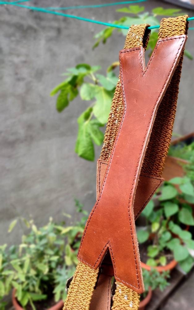 Vintage Woven and Leather Belt| Bohemian Statement brown waistbelt with bold details