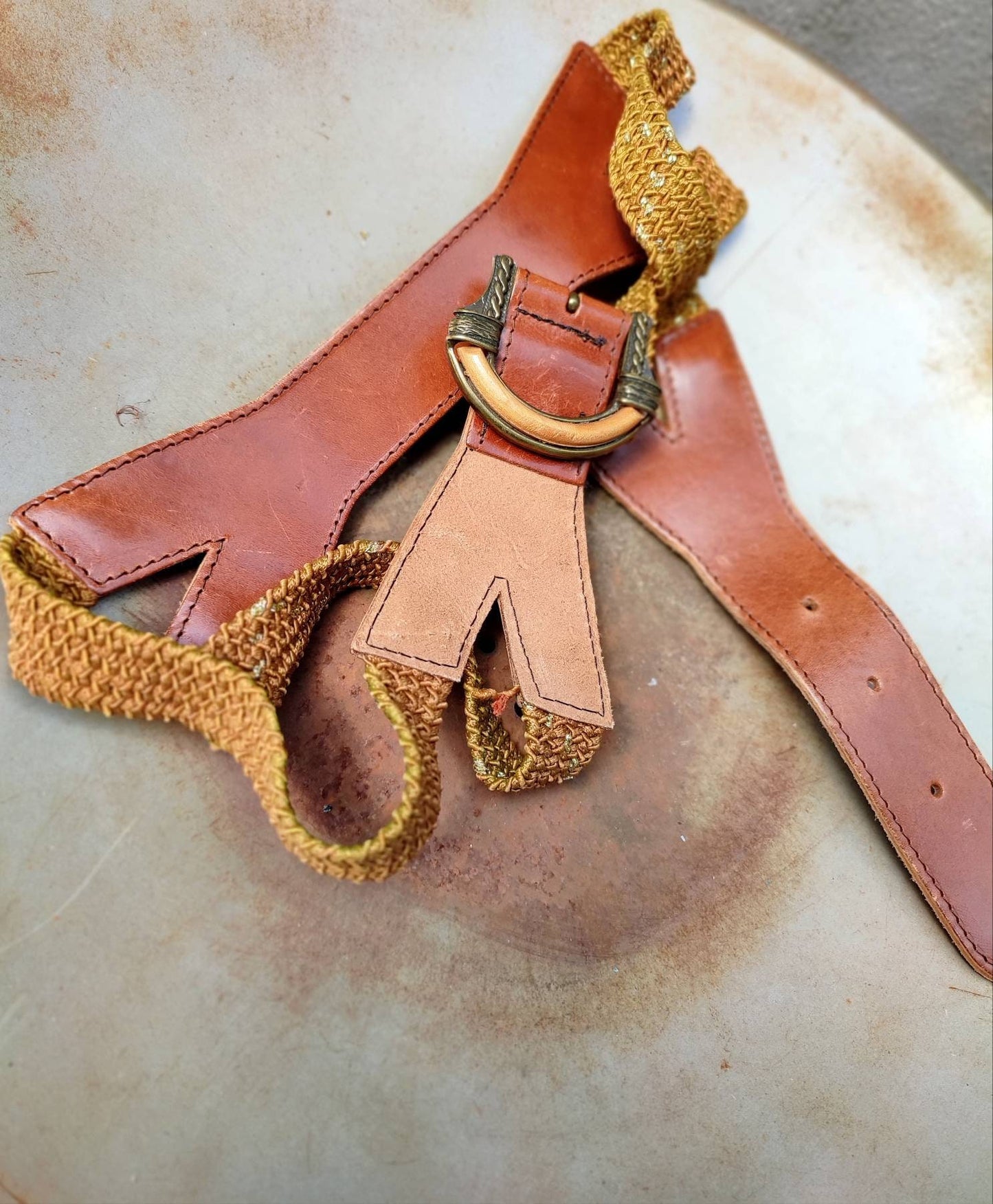 Vintage Woven and Leather Belt| Bohemian Statement brown waistbelt with bold details