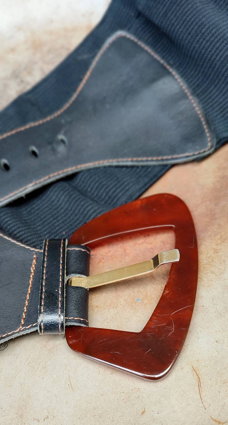 90s maxi waist belt in black| Vintage mix media belt with statement brown buckle